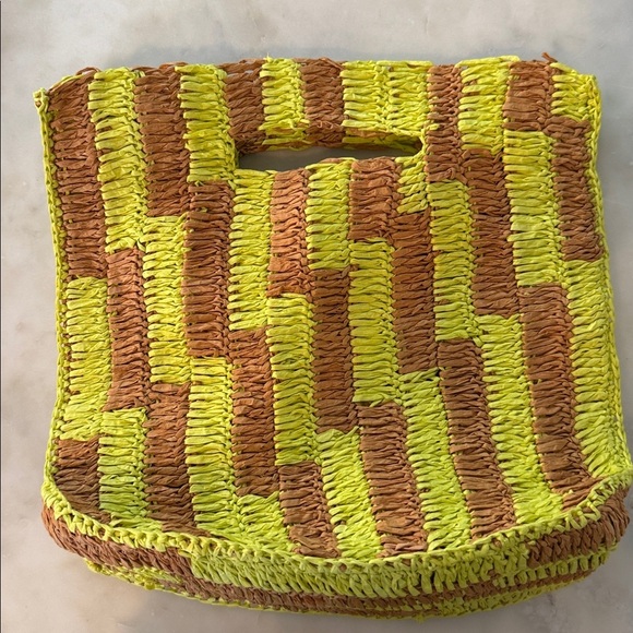 Free People Brunch Date Brown Green Yellow Raffia Purse NWOT - Picture 6 of 9